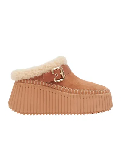 Chloé Nama Buckled Shearling-lined Suede Platform Mules In Brown