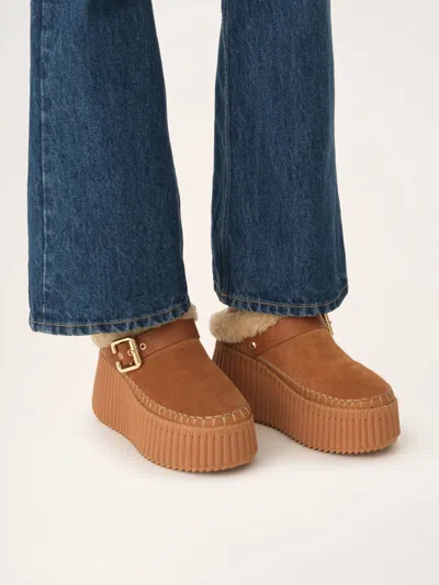 Chloé Nama Buckled Shearling-lined Suede Platform Mules In Brown