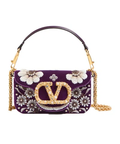 Valentino Loco Small Peonies Beaded Velvet Shoulder Bag In Purple