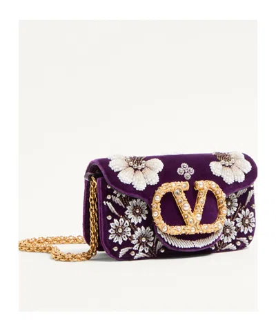 Valentino Loco Small Peonies Beaded Velvet Shoulder Bag In Purple