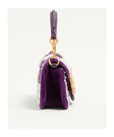 Valentino Loco Small Peonies Beaded Velvet Shoulder Bag In Purple