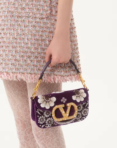 Valentino Loco Small Peonies Beaded Velvet Shoulder Bag In Purple