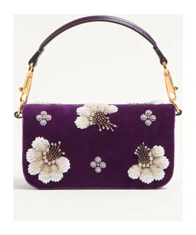 Valentino Loco Small Peonies Beaded Velvet Shoulder Bag In Purple