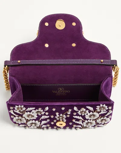 Valentino Loco Small Peonies Beaded Velvet Shoulder Bag In Purple