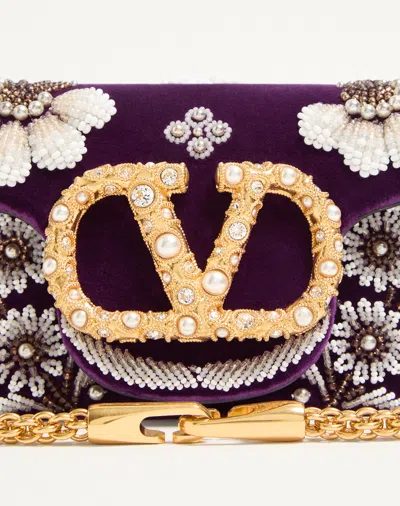 Valentino Loco Small Peonies Beaded Velvet Shoulder Bag In Purple