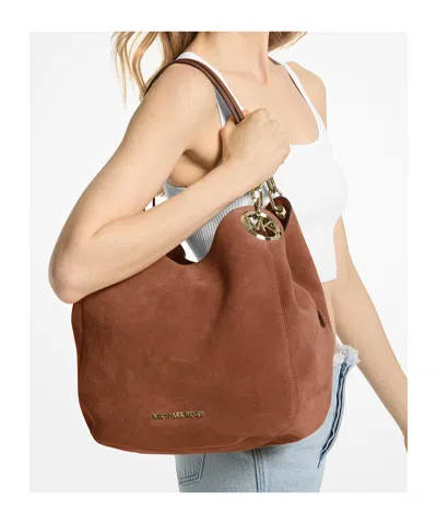 Michael Kors Lillie Large Suede Shoulder Bag In Brown