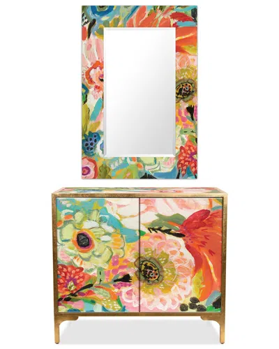 Empire Art Direct Secret Garden Floral Iii Console & Mirror Set On Reverse Printed Beveled Art Glass