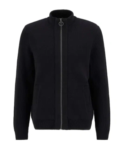 Barbour Ribbed Knit Half-zip Sweater With Classic Funnel Neck And Elbow Patches In Black