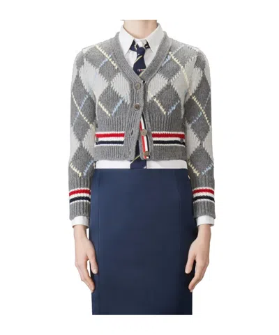 Thom Browne Argyle Intarsia Shrunken Virgin Wool Blend Cardigan In Gray