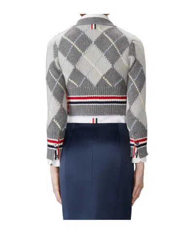 Thom Browne Argyle Intarsia Shrunken Virgin Wool Blend Cardigan In Gray