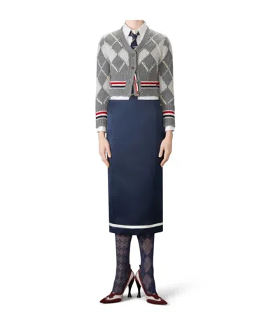 Thom Browne Argyle Intarsia Shrunken Virgin Wool Blend Cardigan In Gray