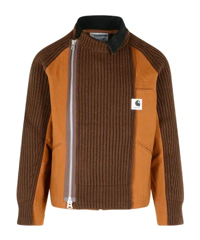 Sacai Men S Carhartt Wip Washed Duck X Wool Knit Blouson In Brown