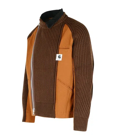 Sacai Men S Carhartt Wip Washed Duck X Wool Knit Blouson In Brown
