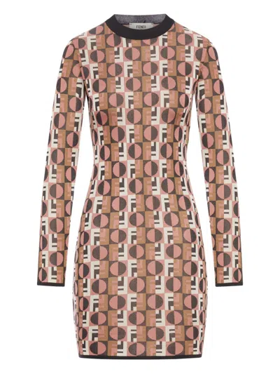 Fendi Optical Crew Neck Geometric Pattern Dress In Brown