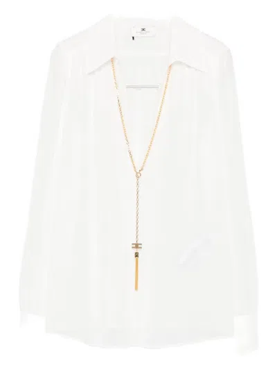 Elisabetta Franchi Chic Long Sleeve Sheer Top With Chain In White