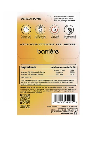 Barrière Hello Sunshine Vitamin D3 Patch 36 Pack In Gold