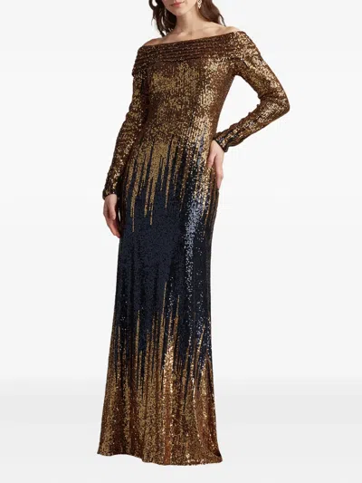 Tadashi Shoji Vionne Off-shoulder Sequin Gown In Gold