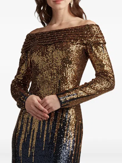Tadashi Shoji Vionne Off-shoulder Sequin Gown In Gold