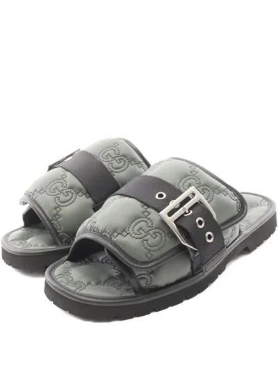 Pre-owned Gucci 20s Gg-quilted Buckle Sandals In Green