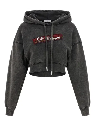 Off-white Cropped Hoodie Plaid Patch In Gray