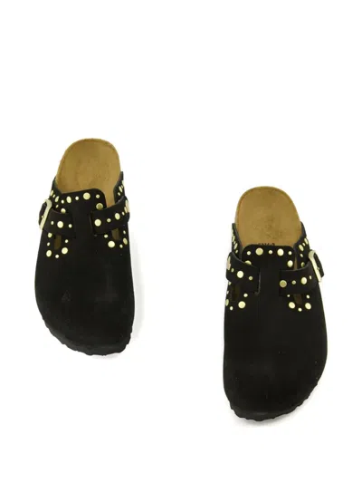 Birkenstock Boston Rivet Border Black Suede Leather Clogs In Black