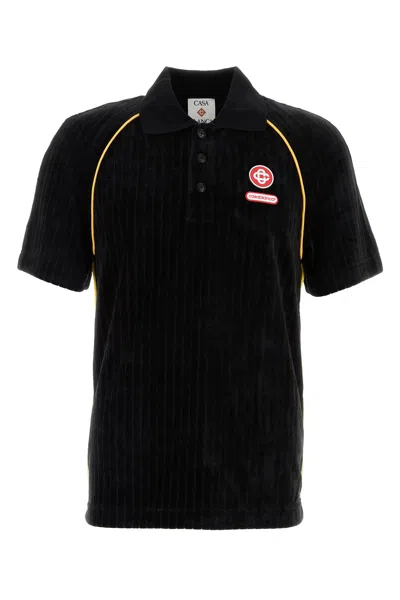 Casablanca Ribbed Collar Corduroy Polo Shirt With Short Sleeves In Black