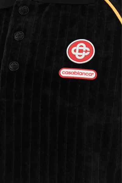 Casablanca Ribbed Collar Corduroy Polo Shirt With Short Sleeves In Black