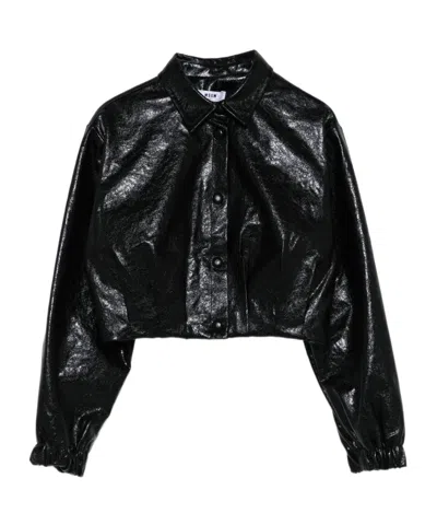 Msgm Grained-effect Press-stud Shirt In Black