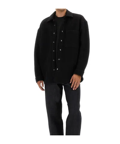 Amish Relaxed Fit Wool Blend Overshirt With Classic Collar In Black