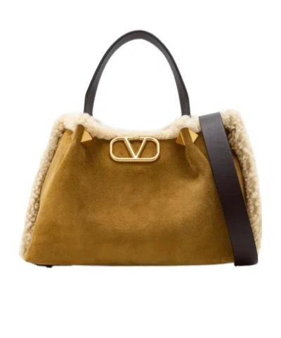 Valentino Garavani Medium Suede Shopping Bag With Sheepskin Lining Woman Havana B In Brown