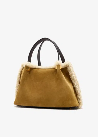 Valentino Garavani Medium Suede Shopping Bag With Sheepskin Lining Woman Havana B In Brown