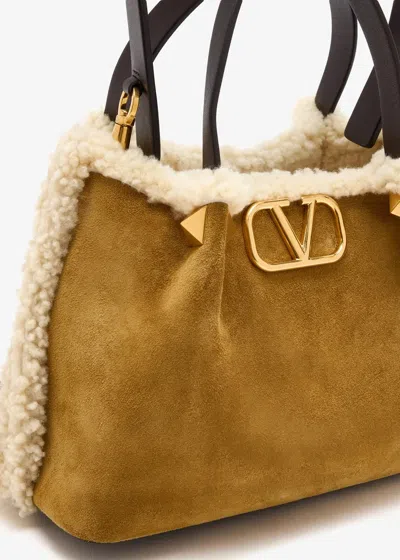 Valentino Garavani Medium Suede Shopping Bag With Sheepskin Lining Woman Havana B In Brown