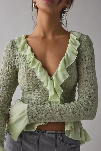 Kimchi Blue Libby Ruffle Trim Flyaway Lace Cardigan Top In Green, Women's At Urban Outfitters In Green