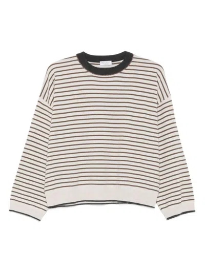 Brunello Cucinelli Striped Crew Neck Sweater In Neutral