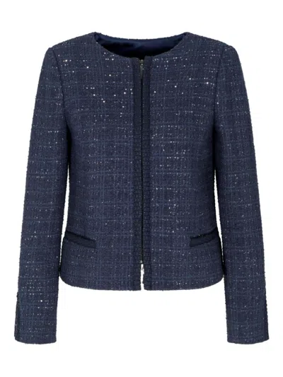 Emporio Armani Lurex Tweed Zip-up Jacket With Micro Sequins In Blue