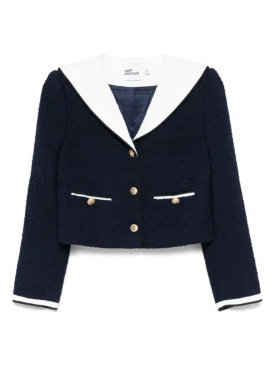Self-portrait Boucle Jacket With Contrasting Neckline In Blue