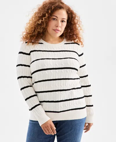 Style & Co Plus Size Cotton Cable-knit Crewneck Stripe Sweater, Created For  In White