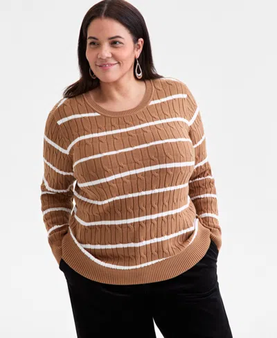 Style & Co Plus Size Cotton Cable-knit Crewneck Stripe Sweater, Created For  In Black