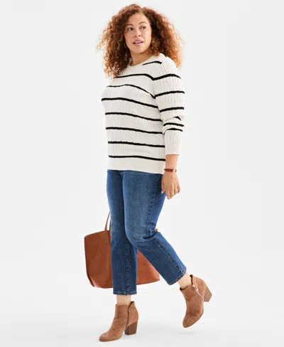 Style & Co Plus Size Cotton Cable-knit Crewneck Stripe Sweater, Created For  In White
