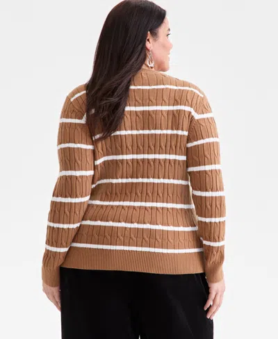 Style & Co Plus Size Cotton Cable-knit Crewneck Stripe Sweater, Created For  In Black