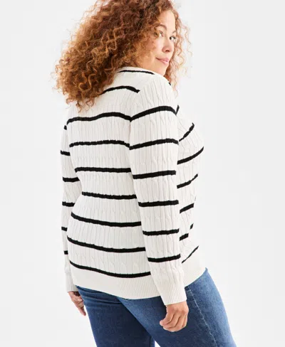 Style & Co Plus Size Cotton Cable-knit Crewneck Stripe Sweater, Created For  In White