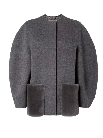 Fendi Women Wool Blouson With Mink Pockets And Inner Ff Logo In Gray