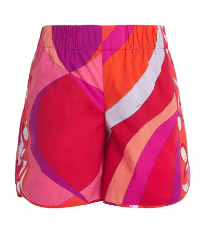 Pucci Geometric Design Cotton Shorts With Elastic Waistband In Red