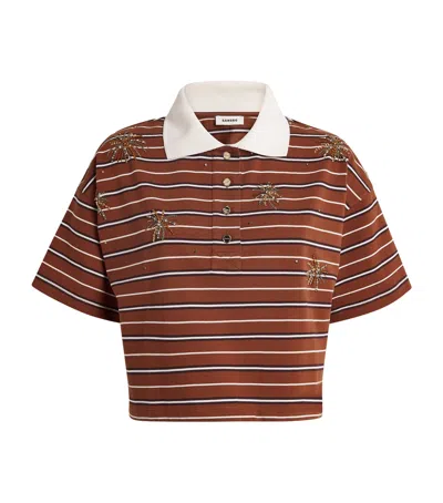 Sandro Womens Brown Striped Polo-collar Cotton-jersey T-shirt