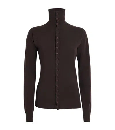 Lemaire Wool Cardigan Featuring High Collar And Ribbed Cuffs In Brown