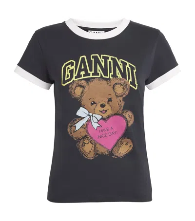 Ganni Graphic Print Crew Neck Short Sleeve Top In Black