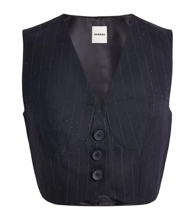 Sandro Womens Navy Blue Striped Rhinestone-embellished Sleeveless Stretch Wool-blend Jacket In Black
