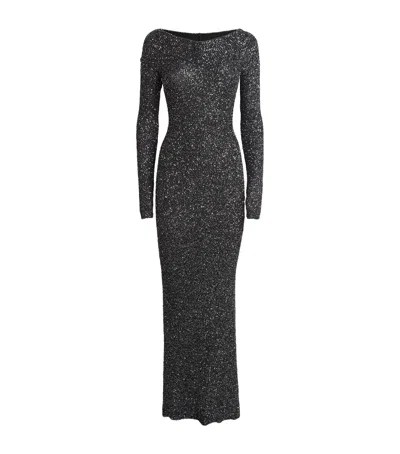 Stella Mccartney Off-the-shoulder Sequined Recycled Knitted Gown In Black