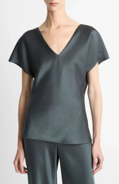 Vince Essential Cap Sleeved V Neck Blouse In Gray
