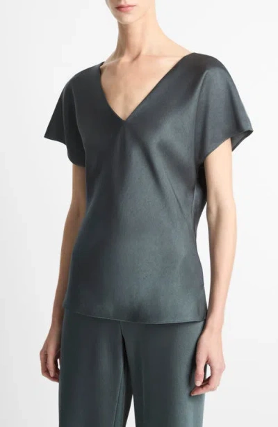 Vince Essential Cap Sleeved V Neck Blouse In Gray